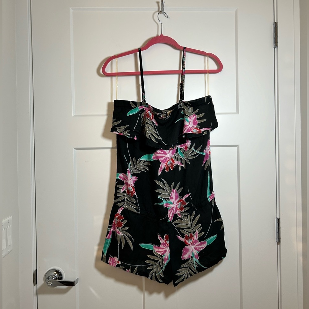 large strapless romper, black with floral print